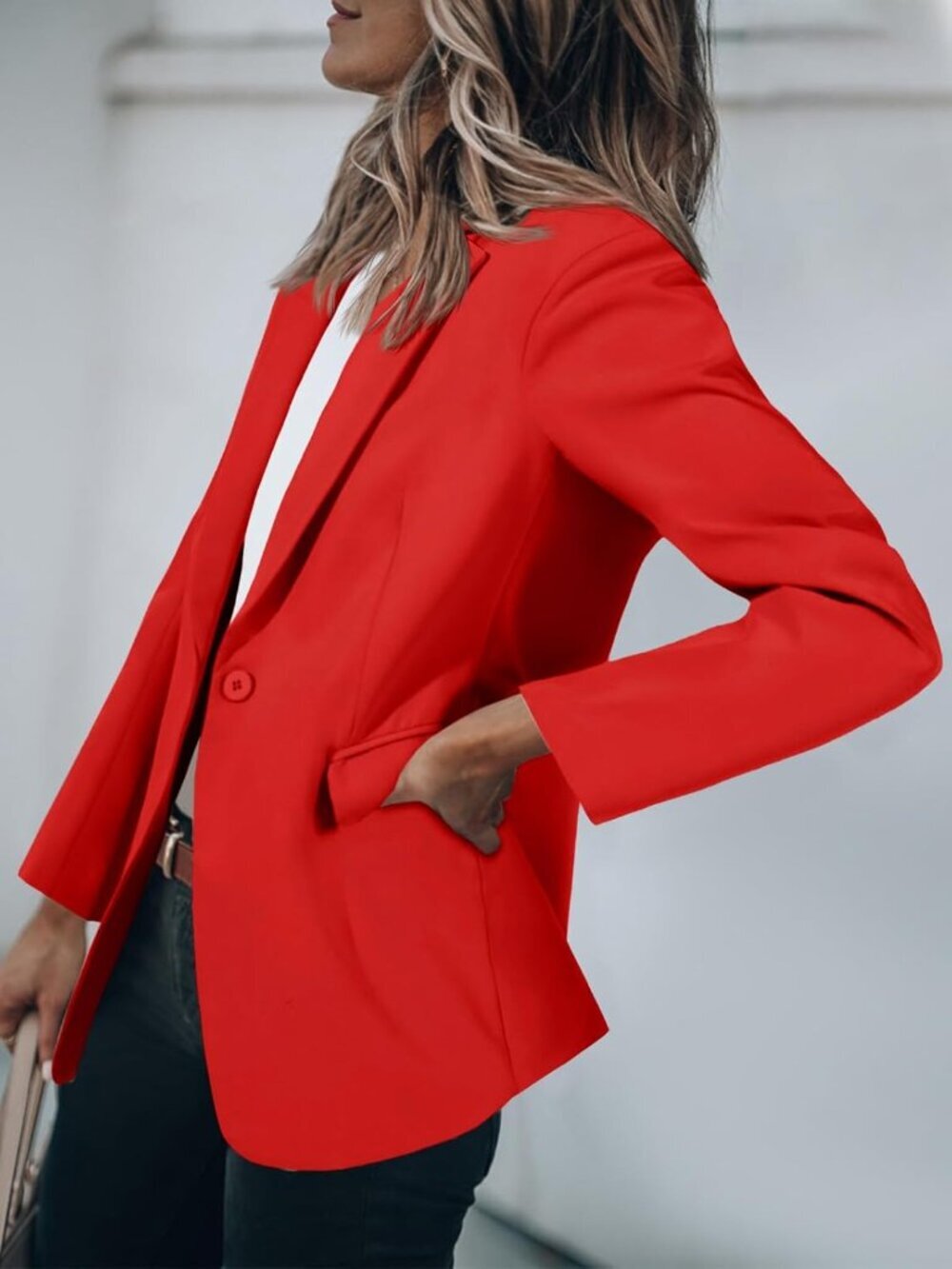 Women's Red Casual Blazers Long Sleeve Work Office Suit Jacket Lapel Pockets - Picture 3 of 4